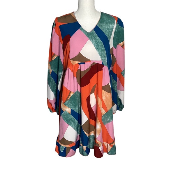 SHEIN Dresses & Skirts - Abstract Geometric Print Women Dress Size Medium Long Sleeve V-Neck Mini
